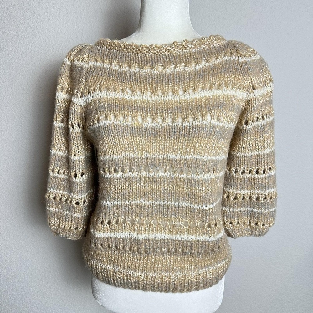 Vintage Jabe Made in Italy Open Knit Metallic Sweater Puff 3/4 Sleeve Brown‎